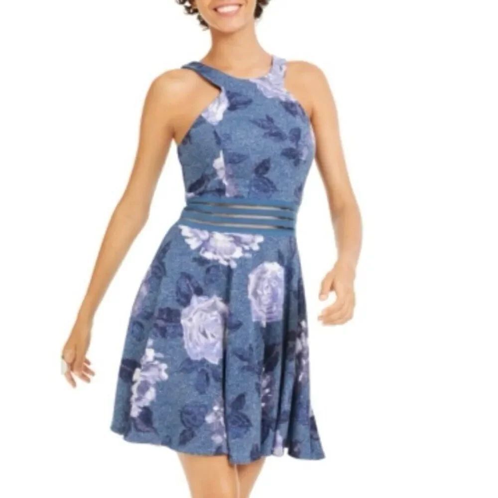 City Studio Teal Glitter Printed Sleeveless Halter Fit + Flare Dress Junior Sz 7